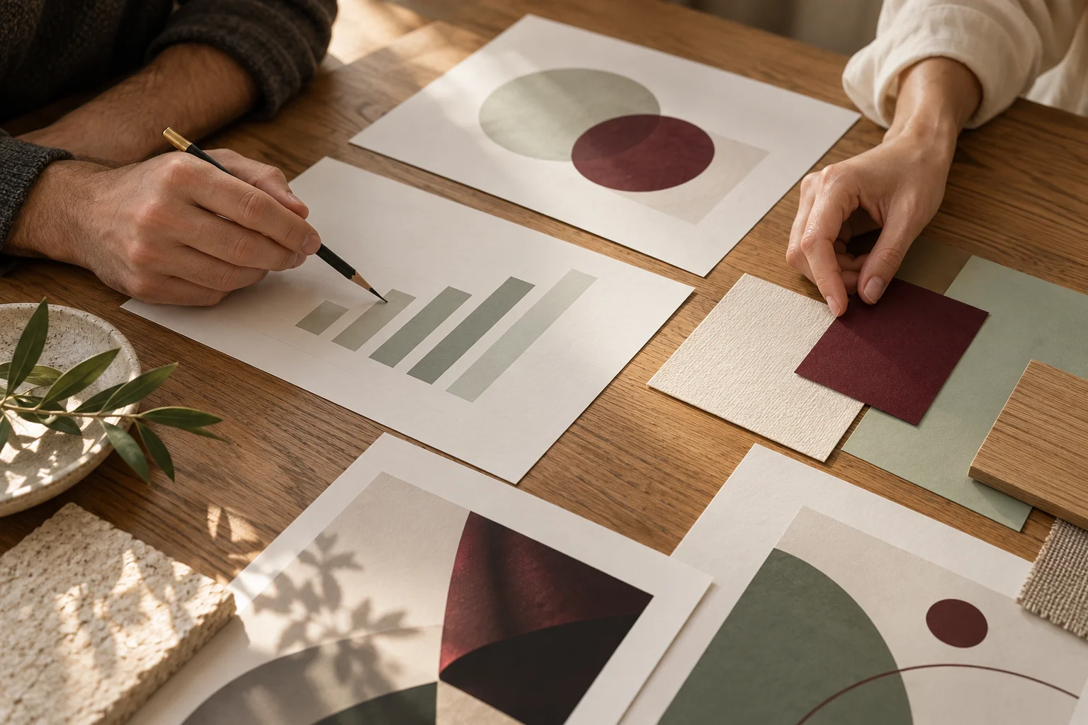 Hands comparing a research sheet and burgundy and mint material samples on a wooden table