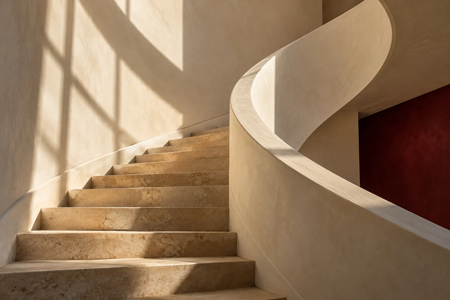 Sunlight tracing the curved walls and limestone steps of an architectural stairwell
