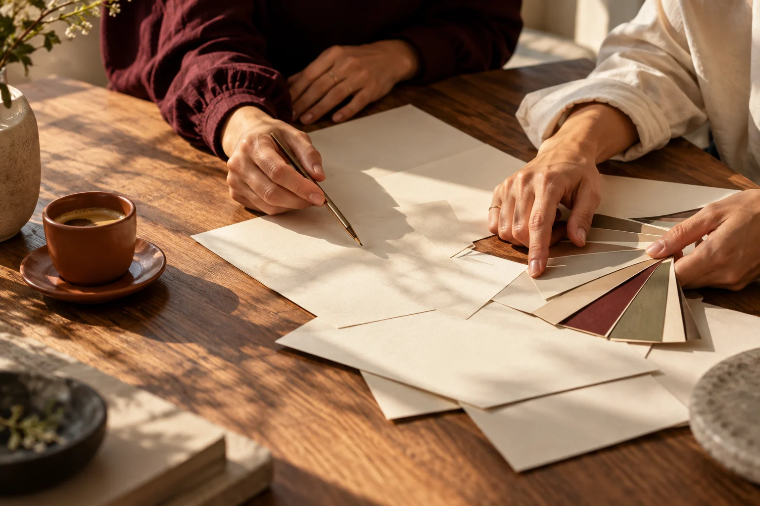 Hands discussing cream paper and colour swatches on a sunlit wooden table