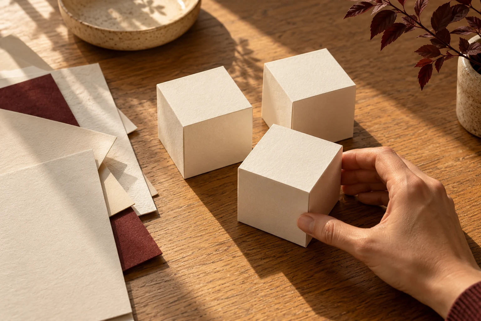 A hand aligning cream paper cubes on a sunlit wooden table