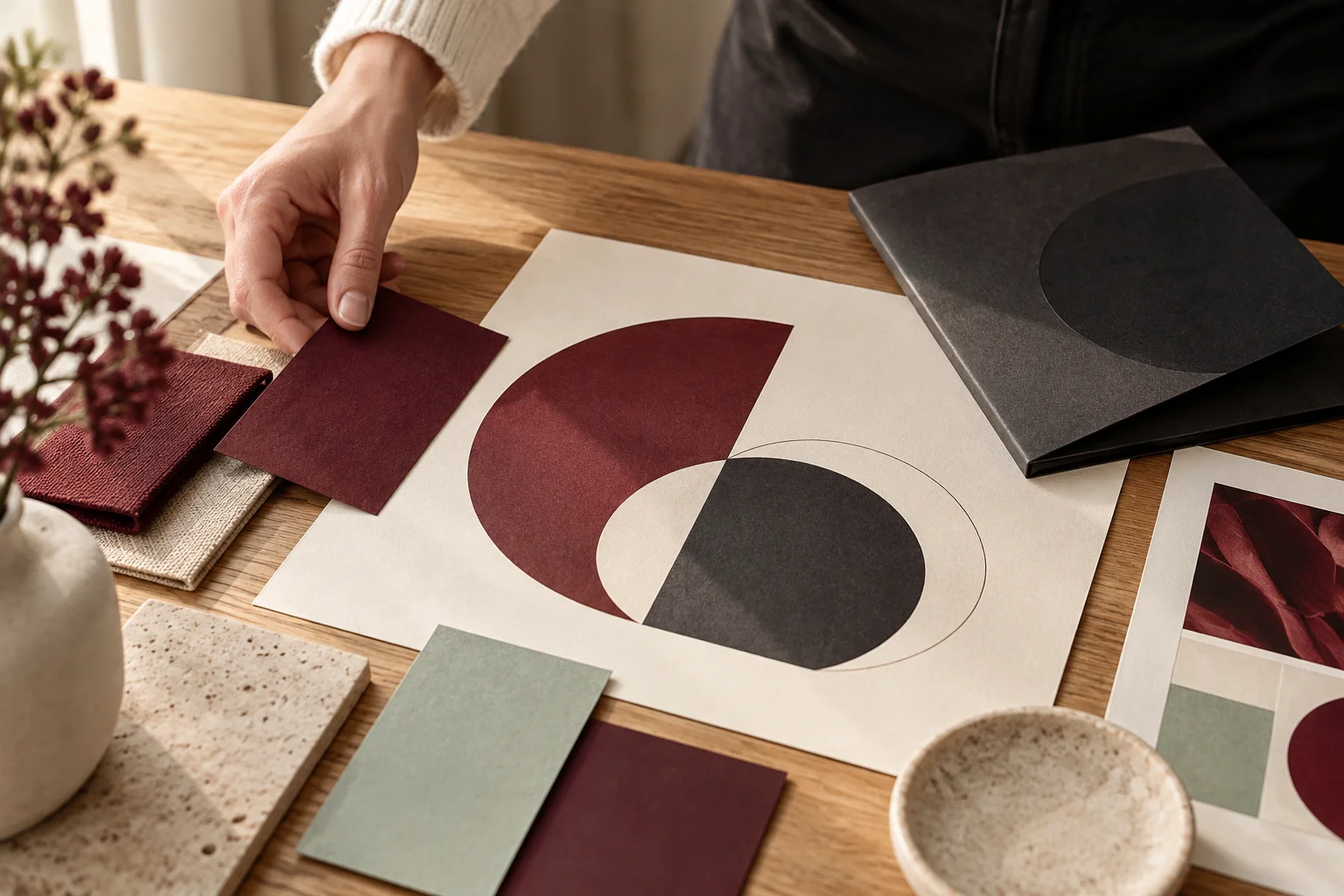 A hand selecting burgundy and mint paper swatches beside abstract brand layouts