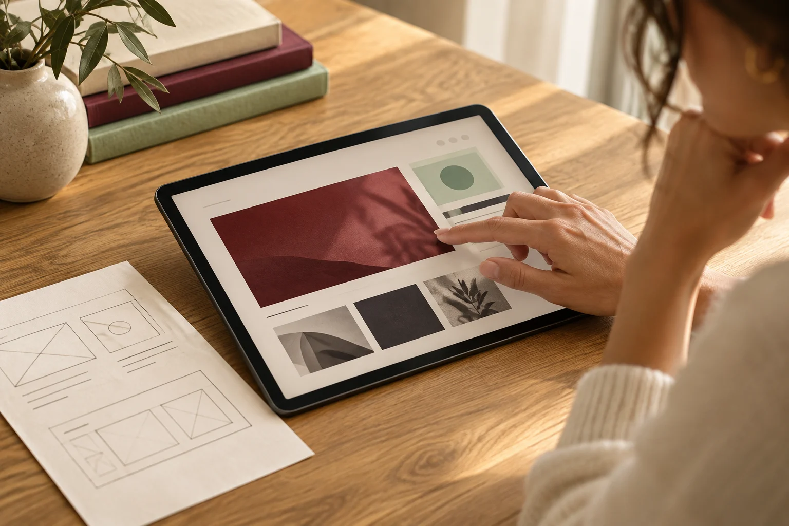 A hand interacting with a tablet website prototype beside a paper wireframe