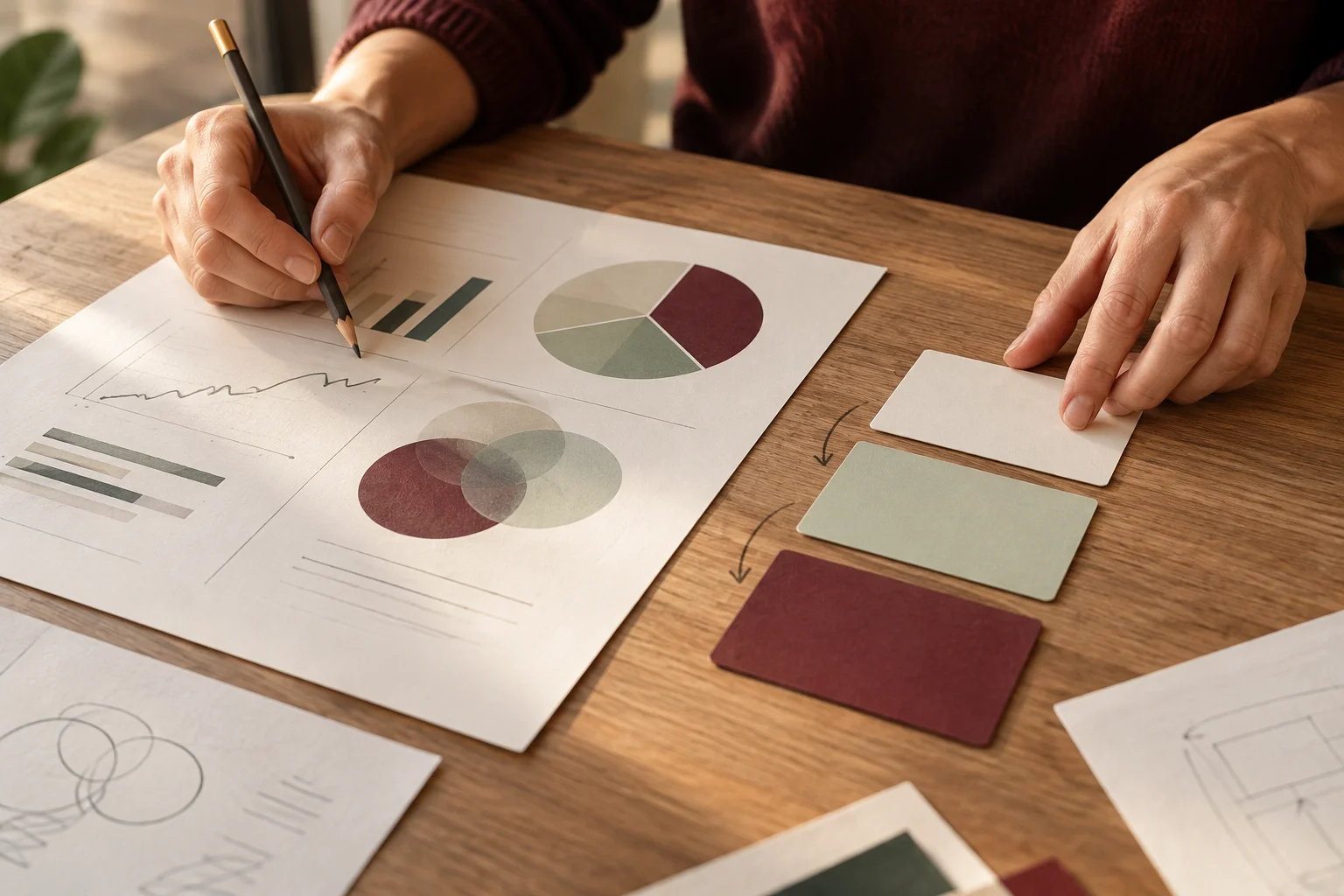 Hands studying research charts and arranging planning cards on a wooden table